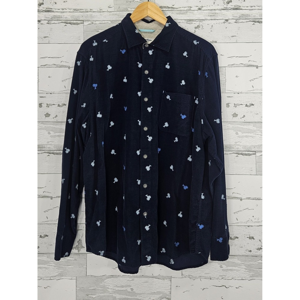Tommy Bahama Mens Navy Blue Corduroy Embroidered Palm Tree Shirt Large L T320447